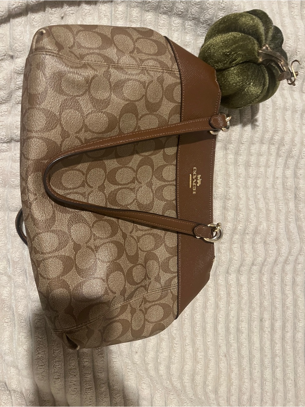 Coach Brown Khaki Signature Tote with Leather Trim